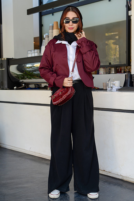 خرید کت زنانه شیک زرشکی شیراز