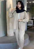 ست کامل شومیز و شلوار زنانه کرم رنگ با پارچه لینن