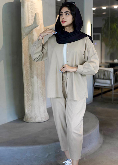 ست کامل شومیز و شلوار زنانه کرم رنگ با پارچه لینن