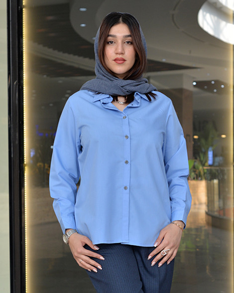 شومیز زنانه آستین بلند آبی آسمونی مناسب استایل روزمره و اداری